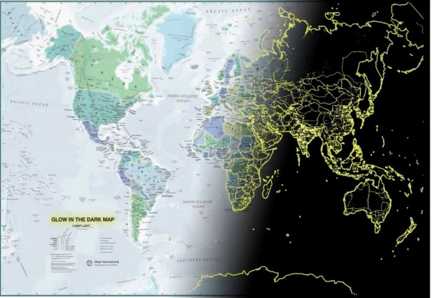 Carte murale phosphorescente - Le Monde, en anglais (84 x 59 cm) | Maps International carte murale roulée (en tube) Maps International