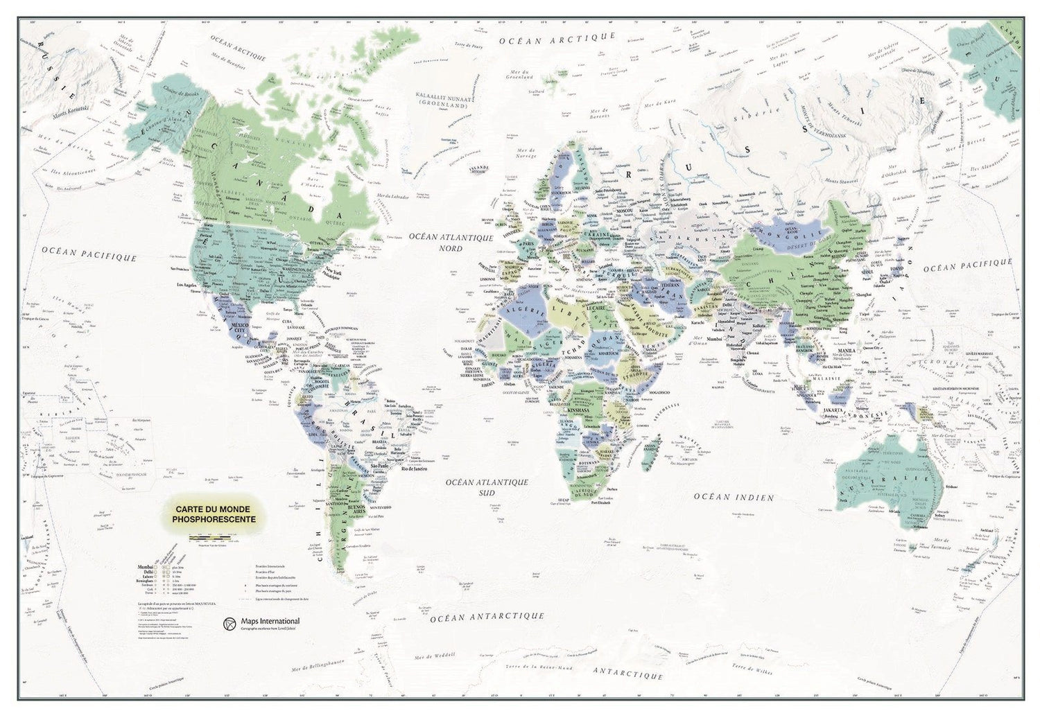 Carte murale phosphorescente - Le Monde, en français (84 x 59 cm) | Maps International carte murale roulée (en tube) Maps International