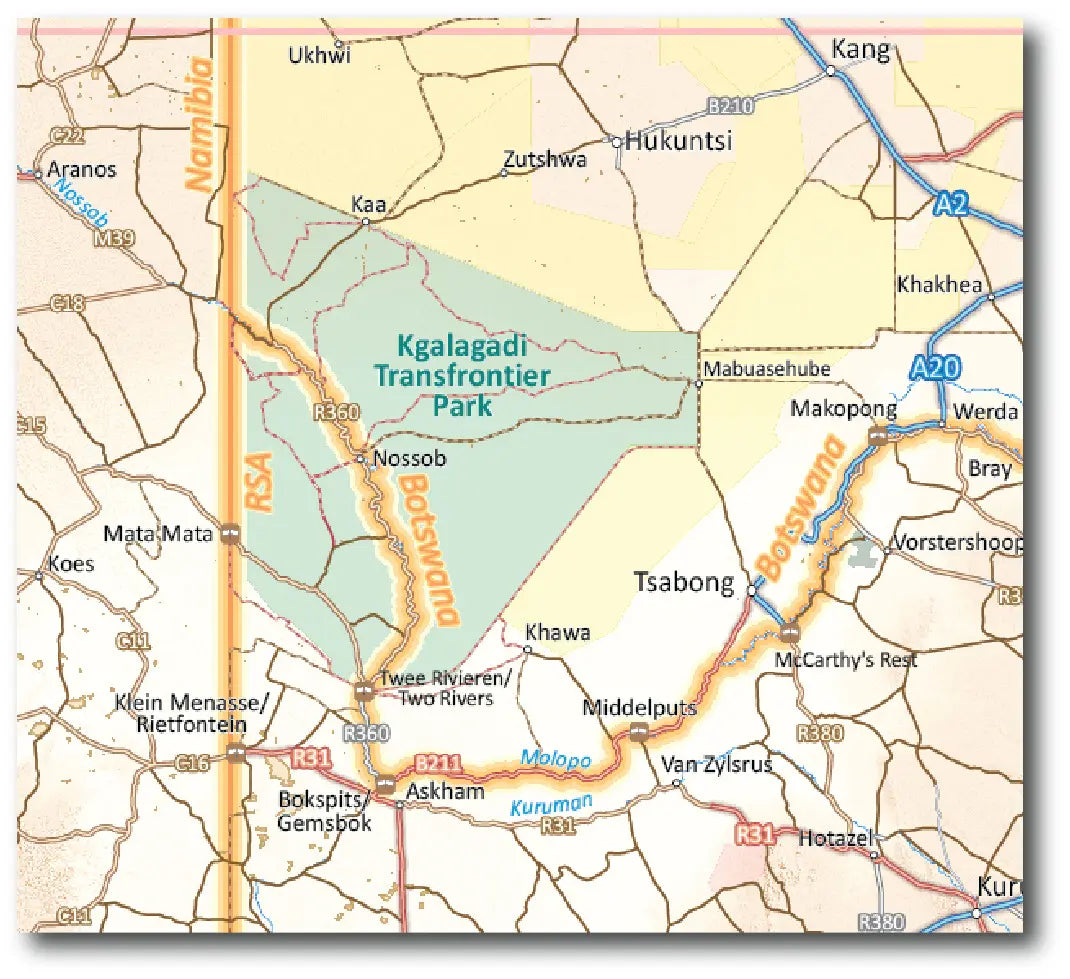 Carte murale plastifiée - Afrique Australe - 130 x 98 cm | Tracks4Africa carte murale roulée (en tube) Tracks4Africa