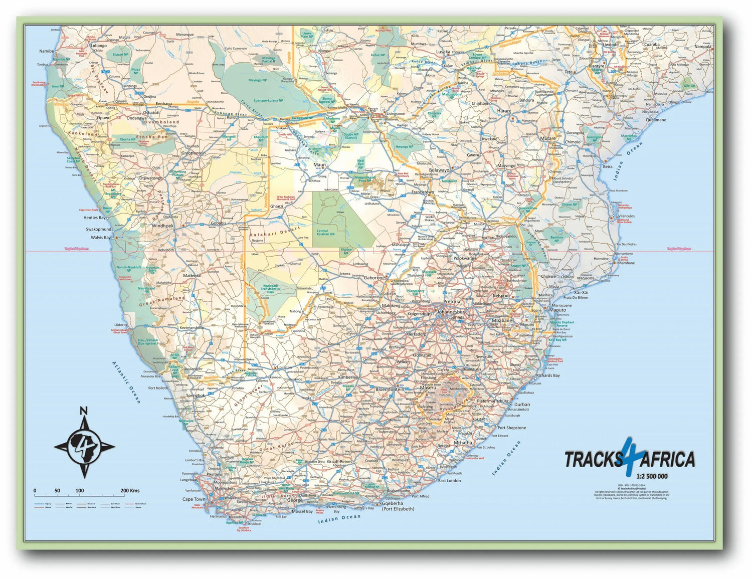 Carte murale plastifiée - Afrique Australe - 130 x 98 cm | Tracks4Africa carte murale roulée (en tube) Tracks4Africa