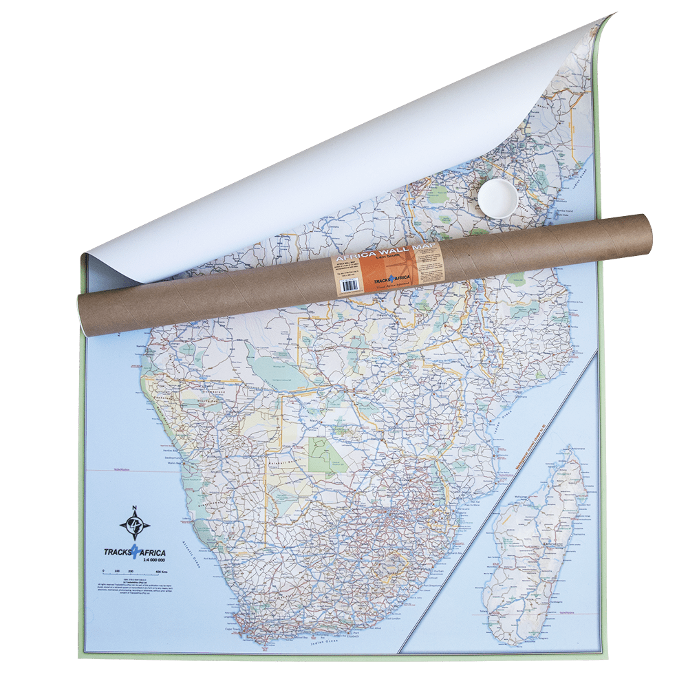 Carte murale plastifiée - Afrique, partie Sud - 130 x 98 cm | Tracks4Africa carte murale roulée (en tube) Tracks4Africa