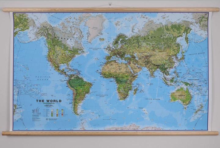 Carte murale plastifiée (en anglais) - Monde environnemental - 136 x 86 cm, avec lattes de maintien en bois | Maps International carte murale grand tube Maps International 