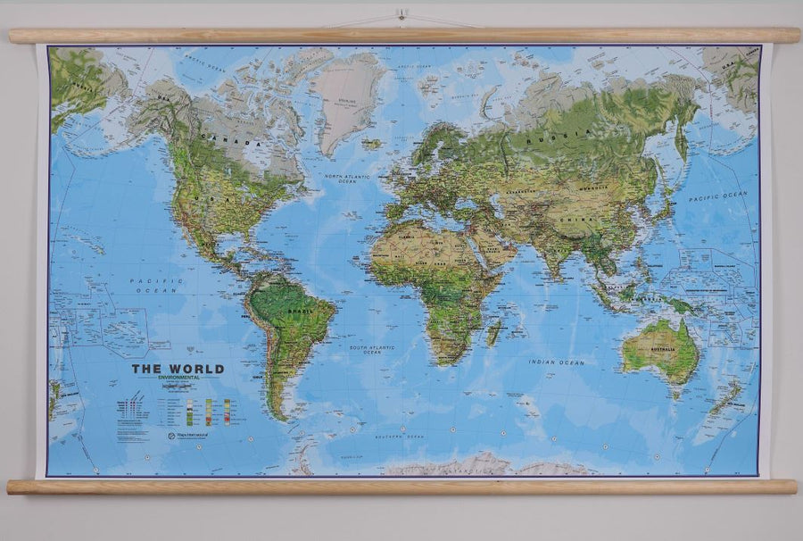Carte murale plastifiée (en anglais) - Monde environnemental - 136 x 86 cm, avec lattes de maintien en bois | Maps International carte murale grand tube Maps International 