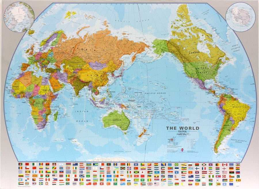 Carte murale plastifiée (en anglais) - Monde politique centré sur le Pacifique - 136 x 100 cm, avec profilés aluminium | Maps International carte murale grand tube Maps International 
