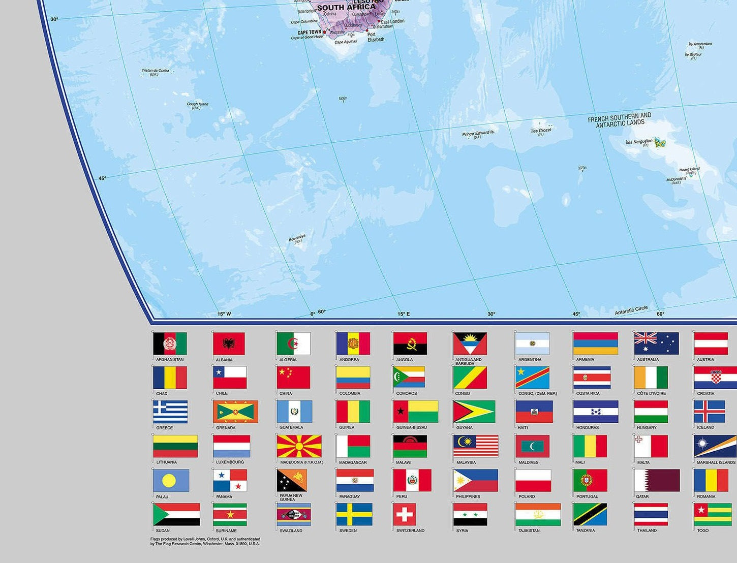 Carte murale plastifiée avec profilés aluminium - Monde politique centré sur le Pacifique (en anglais) - 1/30M (136 x 100 cm) | Maps International carte murale roulée (en tube) Maps International