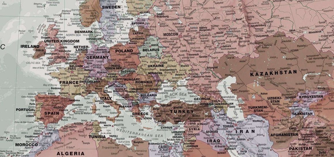 Carte murale plastifiée avec profilés aluminium - Monde politique "executif" (en anglais) - 1/30M (136 x 100 cm) | Maps International carte murale roulée (en tube) Maps International