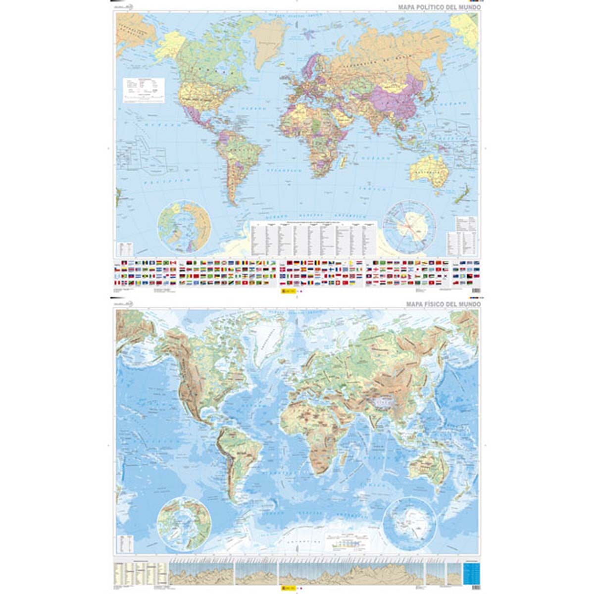 Carte murale plastifiée (en espagnol) - Mundo Político & Mundo Físico - 1/30 M (138 x 109 cm) | CNIG carte murale roulée (en tube) CNIG