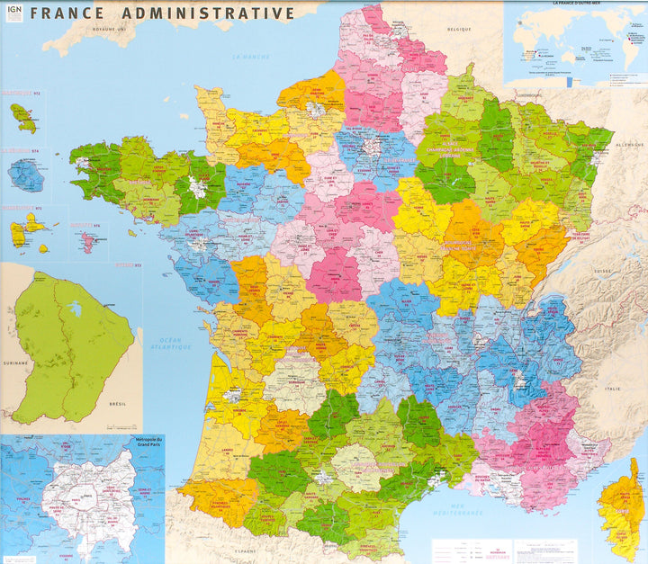 Carte murale plastifiée avec lattes de maintien en bois - France administrative (98 x 113 cm | IGN carte murale roulée (en tube) IGN