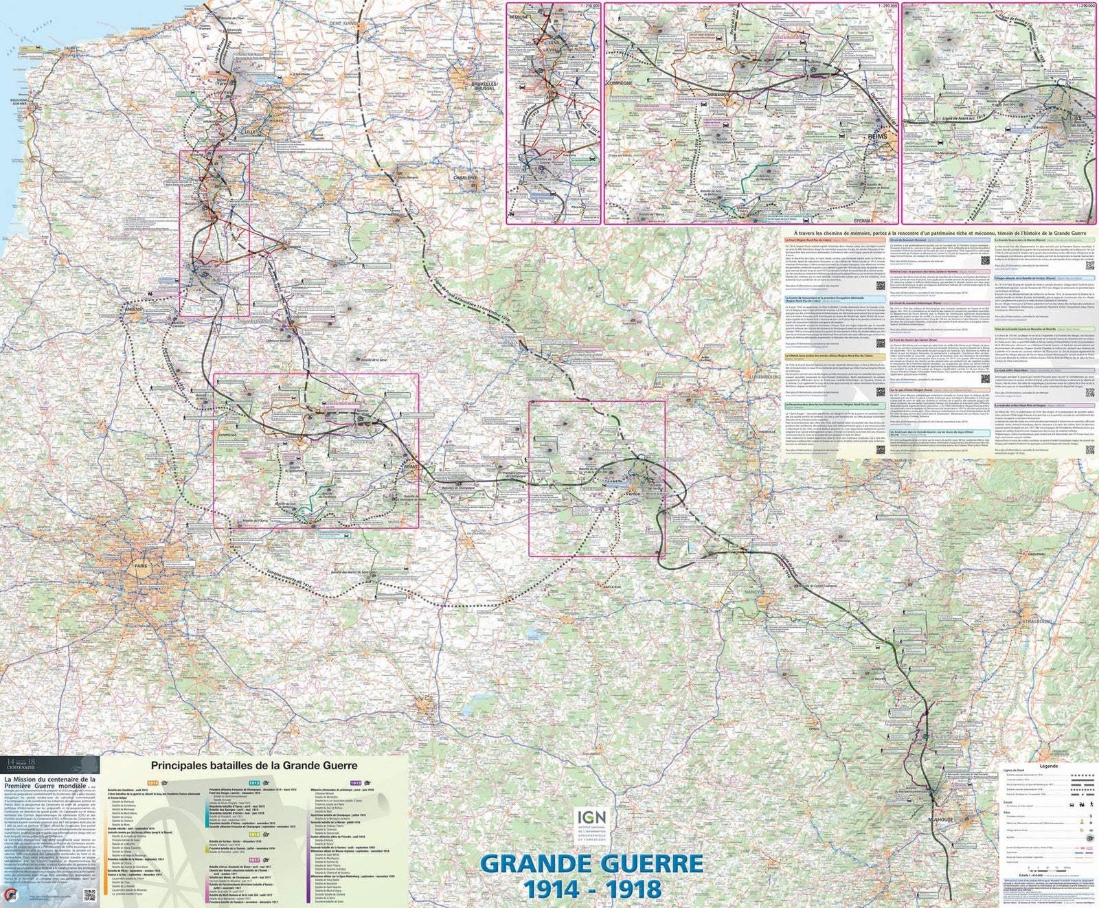 Poster plastifié - Grande Guerre 1914-1918 (100 x 121 cm) | IGN carte murale roulée (en tube) IGN