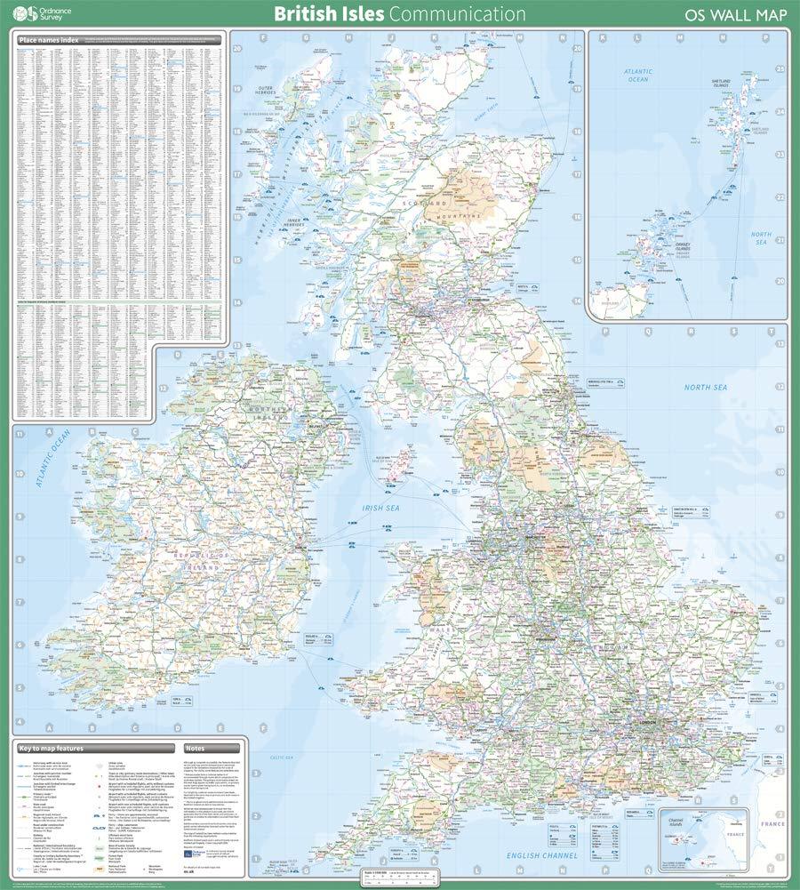 Carte murale plastifiée - Iles britanniques - 94 x 104 cm | Ordnance Survey carte murale roulée (en tube) Ordnance Survey Ireland
