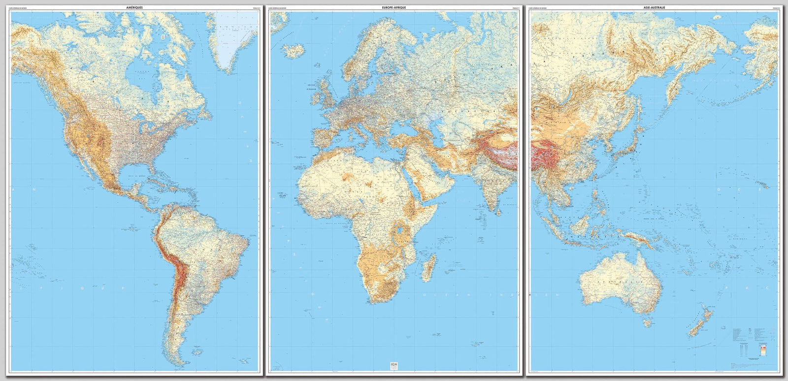 Carte murale plastifiée - Monde politique & Physique (3 panneaux) - 1/14M (289 cm x 143 cm) | IGN carte murale roulée (en tube) IGN