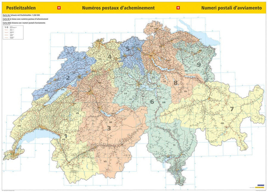 Carte murale plastifiée - Suisse (zones postales) - 139 x 100 cm | Kümmerly & Frey carte murale petit tube Kümmerly & Frey 