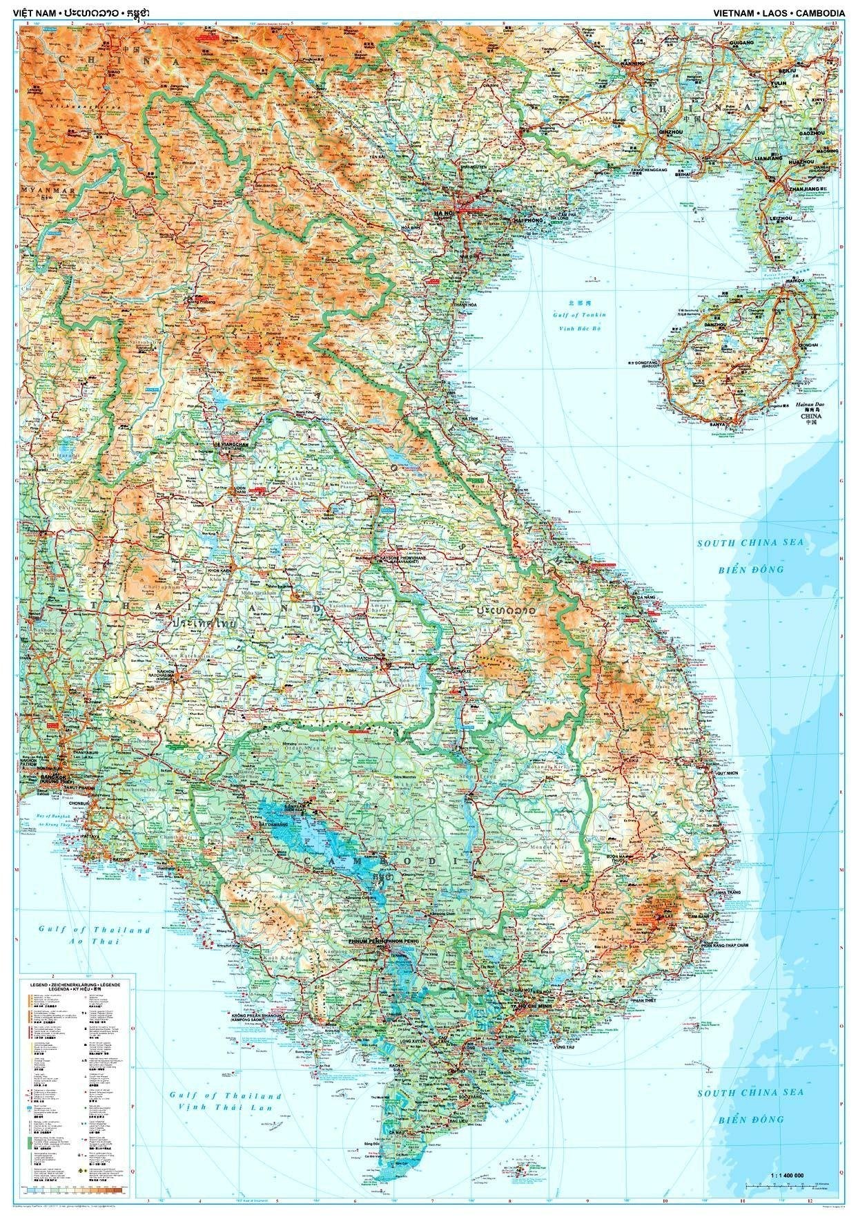 Carte murale plastifiée - Vietnam, Laos, Cambodge (géographique) - 87 X 122 cm | Gizi Map carte murale roulée (en tube) Gizi Map