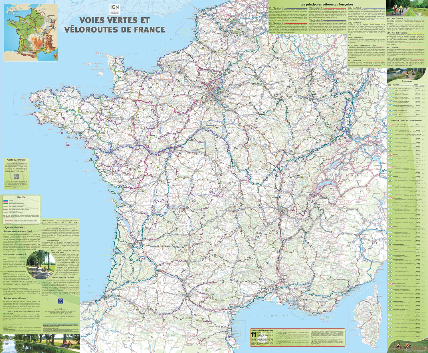 Poster plastifié - Voies vertes et véloroutes de la France (98 x 119 cm) | IGN carte murale roulée (en tube) IGN