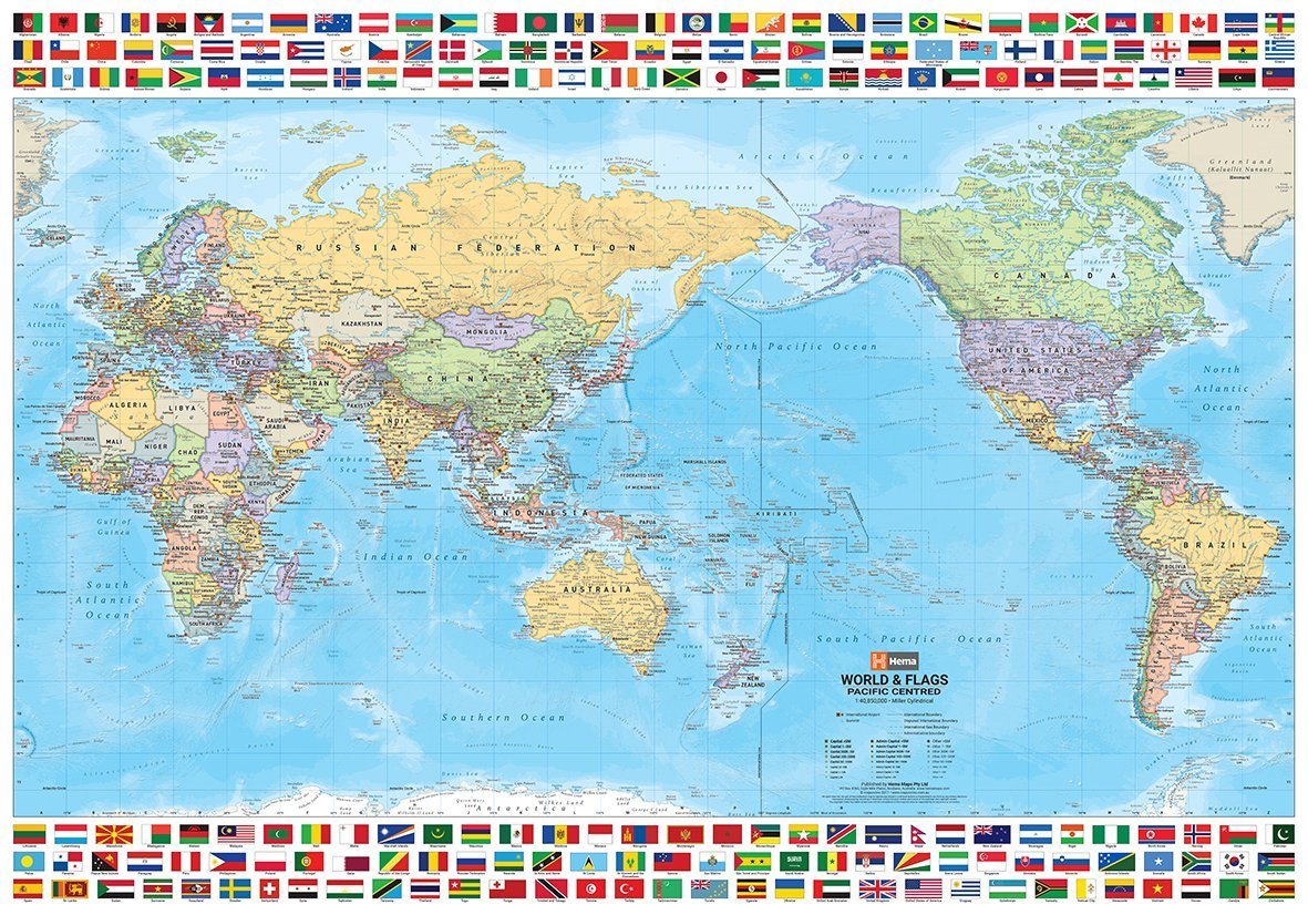 Carte murale pliée - Monde politique avec drapeaux centré sur le Pacifique (anglais) | Hema Maps carte routière Hema Maps