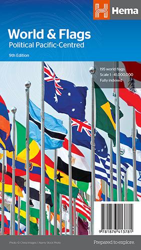 Carte murale pliée - Monde politique avec drapeaux centré sur le Pacifique (anglais) | Hema Maps carte routière Hema Maps Default Title