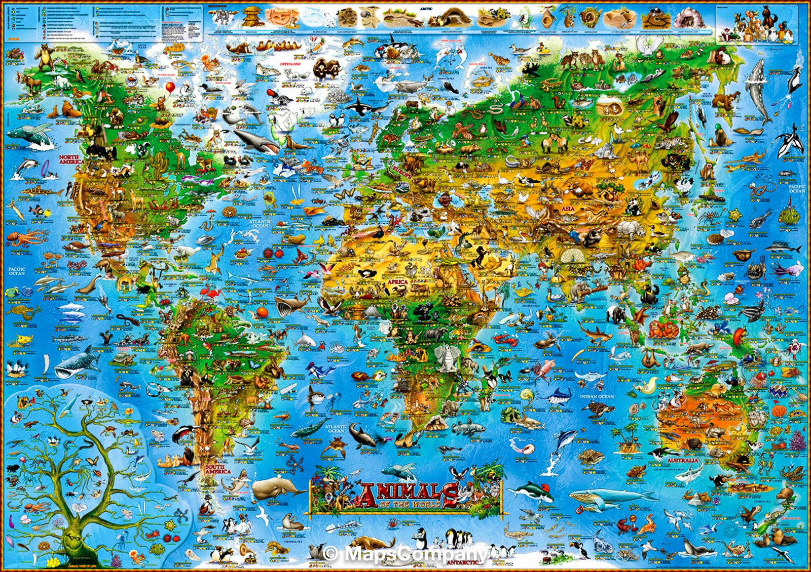 Carte murale pour enfants - Les animaux du monde (plastifiée, en anglais) - 137 x 100 cm | Dino carte murale roulée (en tube) Dino's Maps