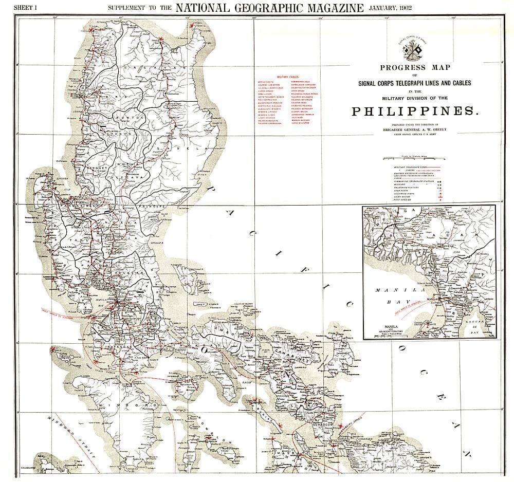Carte nord des lignes télégraphiques militaires des Philippines de 1902 carte murale roulée (en tube) National Geographic Historic POD Default Title