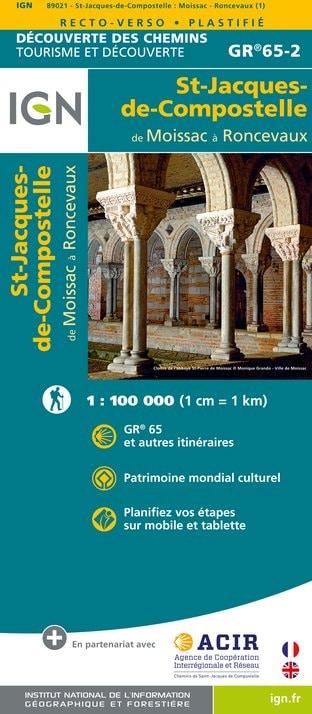 Carte plastifiée - St Jacques de Compostelle : De Moissac à Roncevaux (GR65 -2) | IGN carte de randonnée IGN