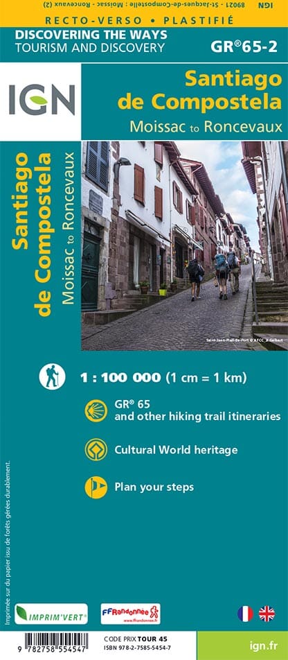 Carte plastifiée - St Jacques de Compostelle : De Moissac à Roncevaux (GR65 -2) | IGN carte de randonnée IGN