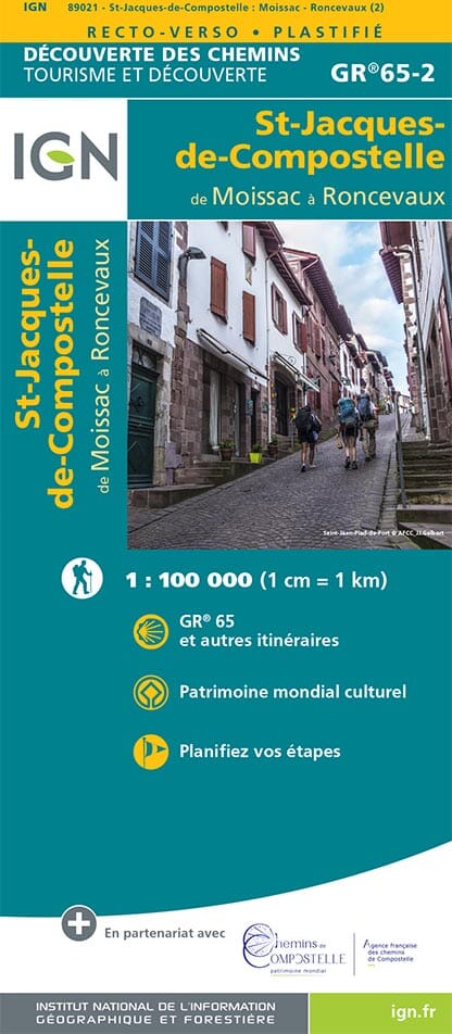 Carte plastifiée - St Jacques de Compostelle : De Moissac à Roncevaux (GR65 -2) | IGN carte pliée IGN 