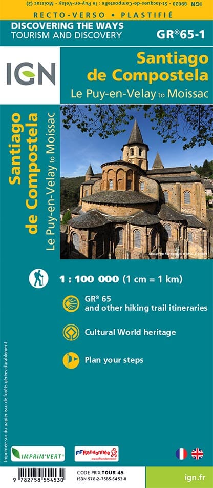 Carte plastifiée - St Jacques de Compostelle : Du Puy en Velay à Moissac (GR65 -1) | IGN carte de randonnée IGN