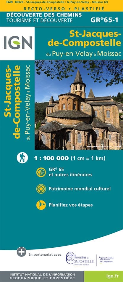 Carte plastifiée - St Jacques de Compostelle : Du Puy en Velay à Moissac (GR65 -1) | IGN carte de randonnée IGN