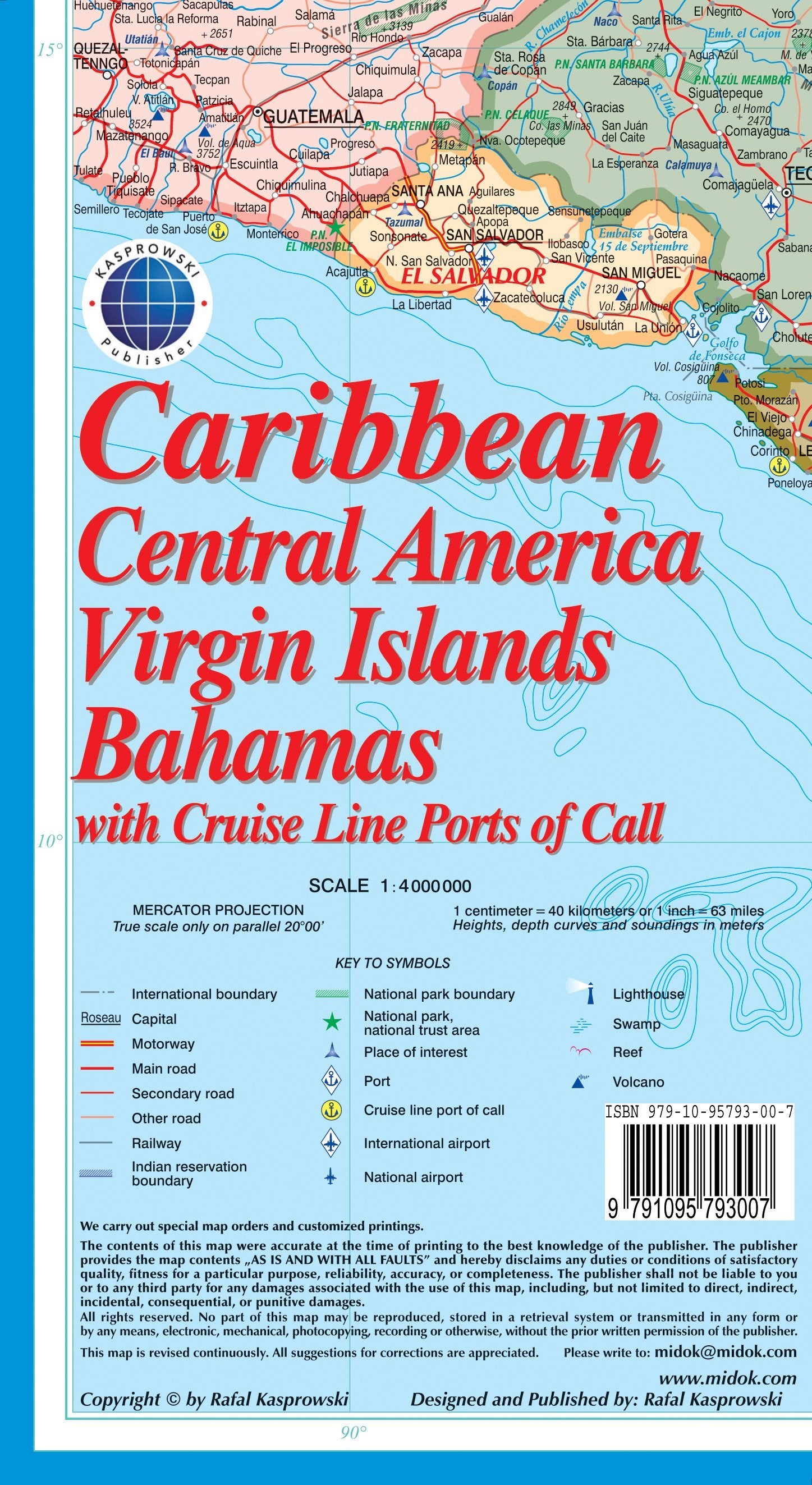 Carte routière - Caraïbes (incluant l'Amérique Centrale, Iles Vierges & Bahamas) | Kasprowski carte routière Kasprowski