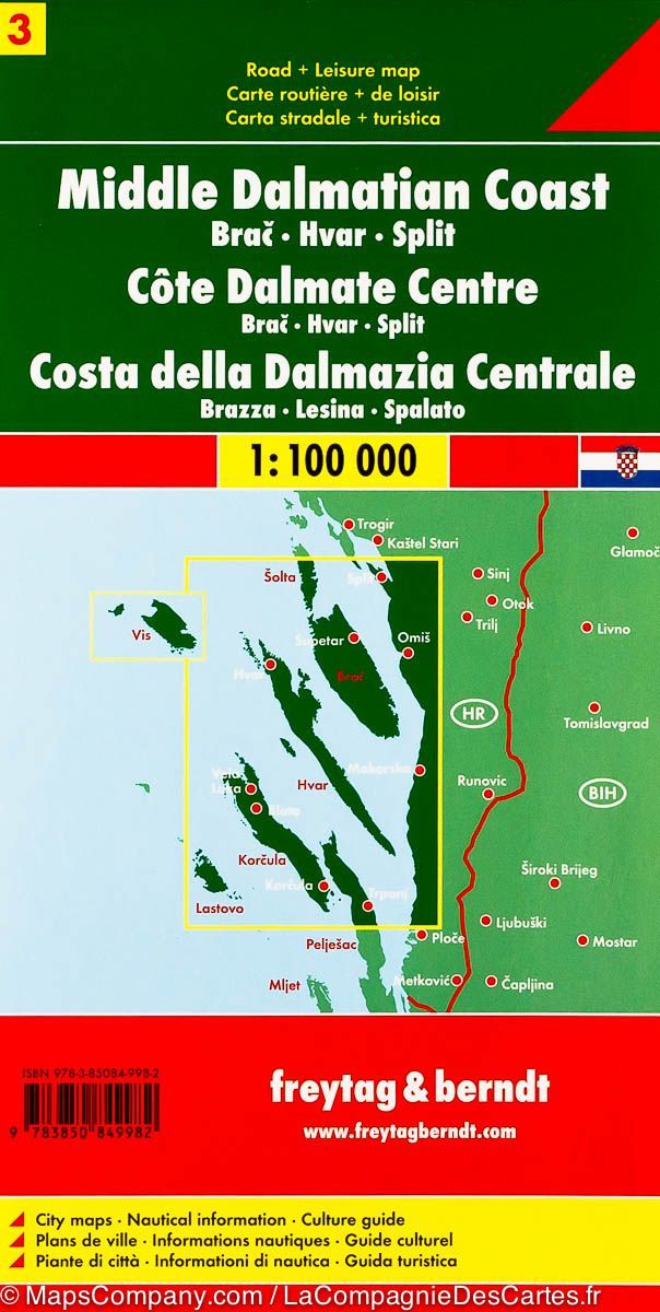 Carte routière - Côte de Dalmatie Centrale n° 3 (Brac, Hvar, Split) | Freytag & Berndt carte routière Freytag & Berndt