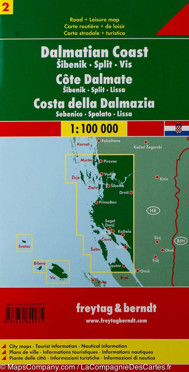 Carte routière - Côte de Dalmatie n° 2 (Sibenik, Split, Vis) | Freytag & Berndt carte pliée Freytag & Berndt 