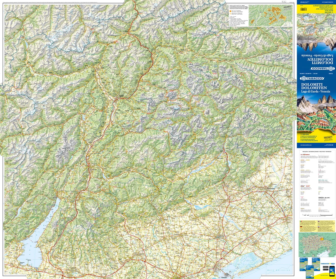 Carte routière et panoramique des Dolomites, lac de Garde et Venise | Tabacco carte de randonnée Tabacco