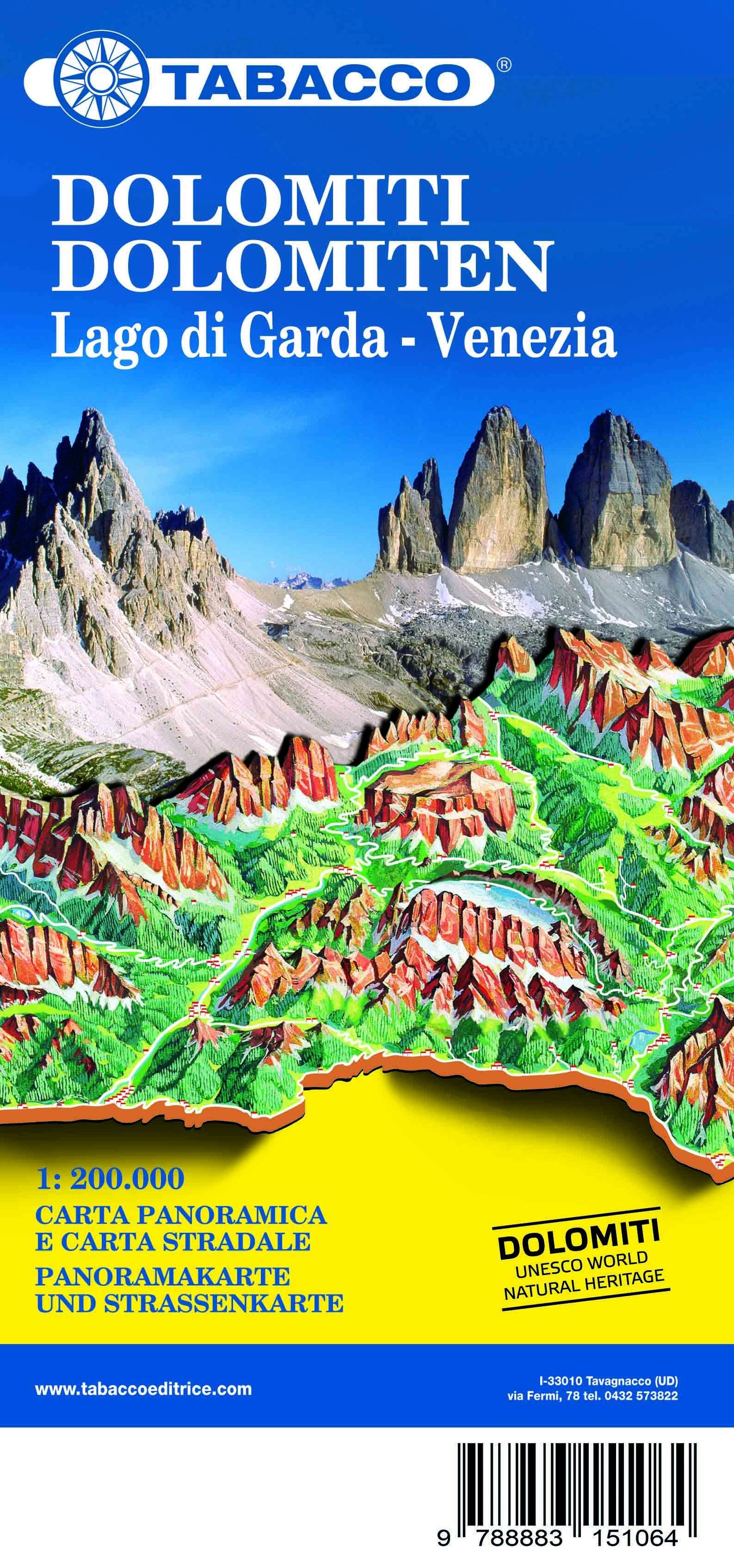 Carte routière et panoramique des Dolomites, lac de Garde et Venise | Tabacco carte de randonnée Tabacco
