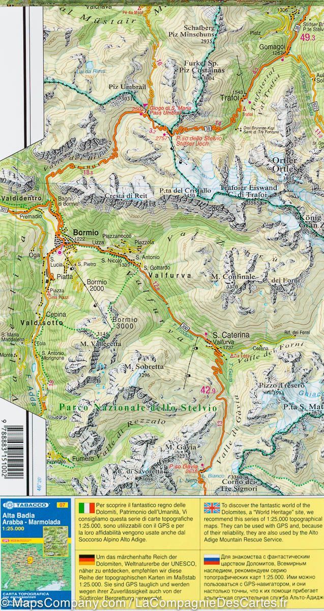 Carte routière et panoramique - Tyrol du Sud, Haut Adige & Dolomites | Tabacco carte de randonnée Tabacco