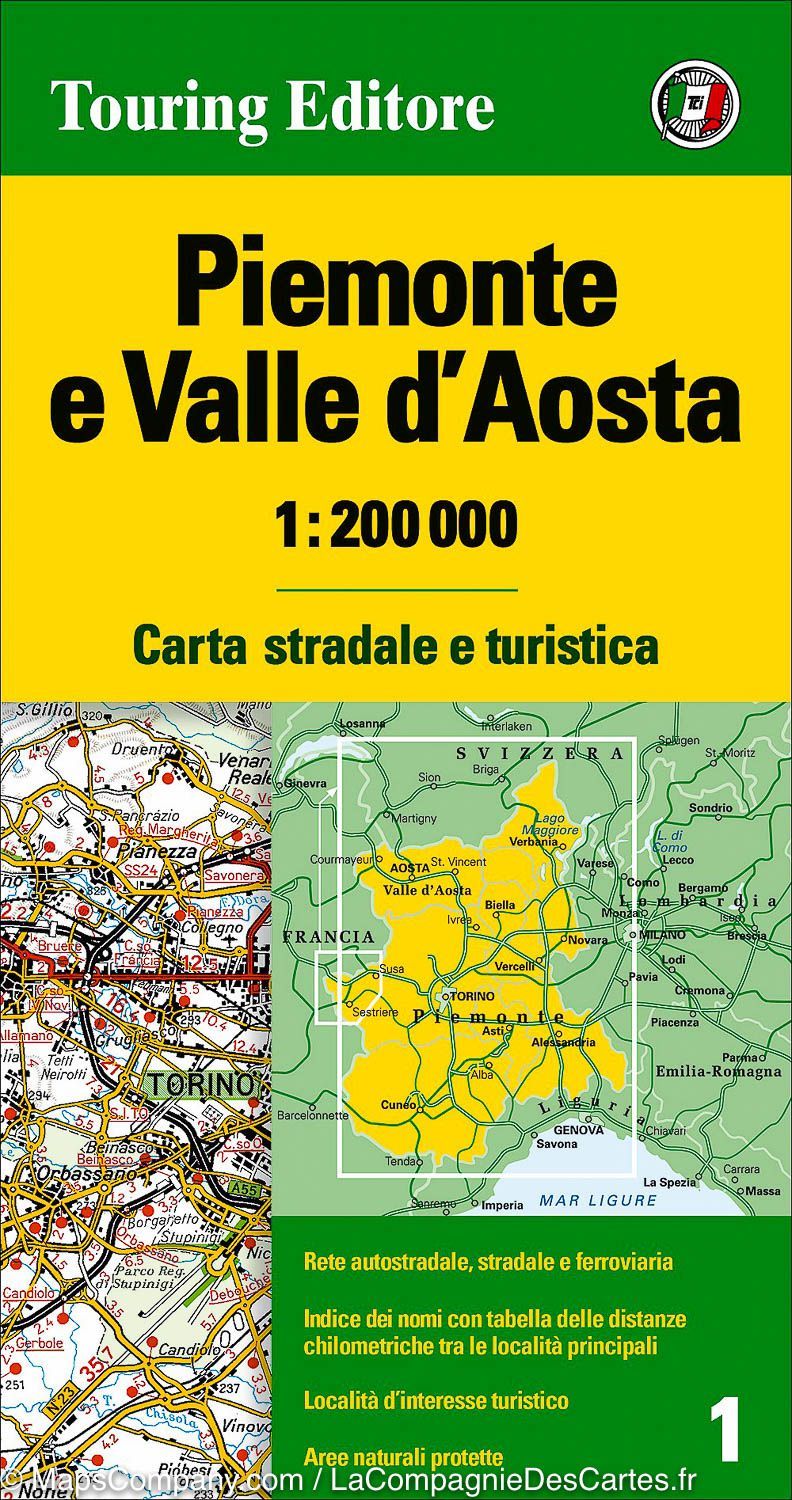 Carte routière n° 1 - Piémont & Vallée d'Aoste (Italie) | Touring Club Italiano-1/200 000 carte pliée Touring 