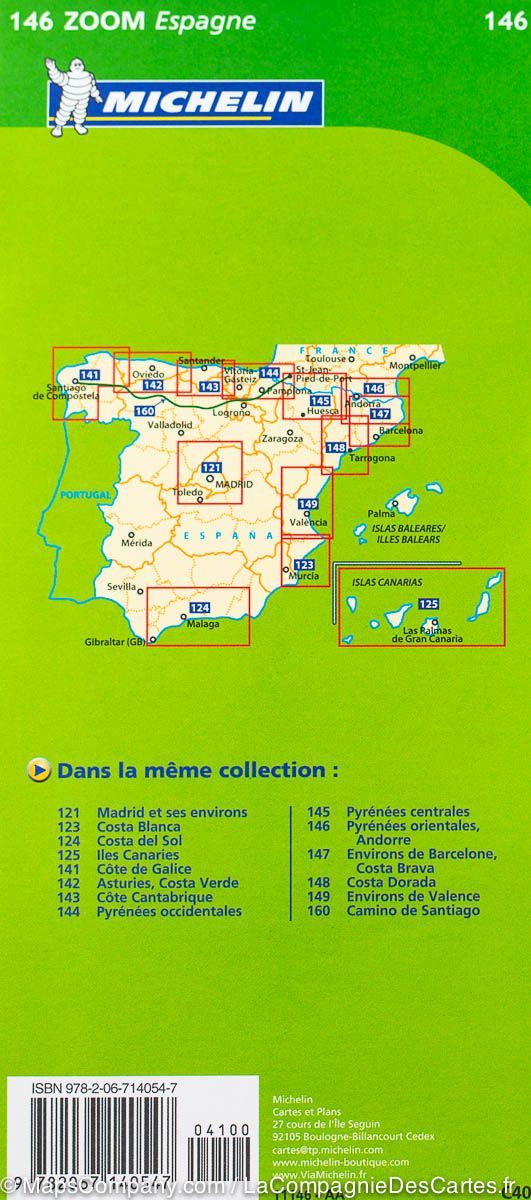 Carte routière n° 146 - Pyrénées Orientales & Andorre - VERSION MURALE ET PLASTIFIEE | Michelin - Zoom Espagne carte murale roulée (en tube) Michelin