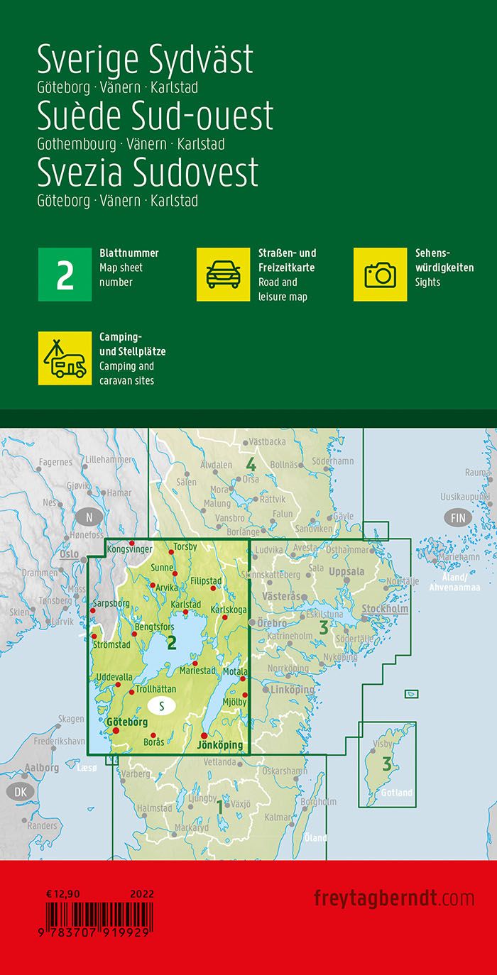 Carte routière n° 2 - Suède Sud-Ouest (Göteborg, Vänern, Karlstad) | Freytag & Berndt carte pliée Freytag & Berndt 