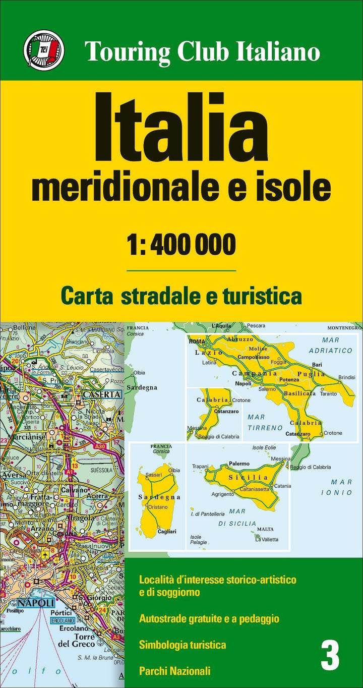 Carte routière n° 3 - Italie Sud et les îles | Touring Club Italiano-1/400 000 carte pliée Touring 