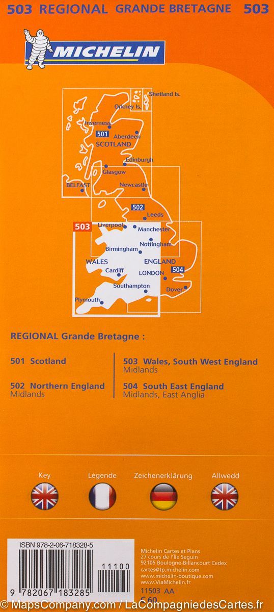 Carte routière n° 503 - Pays de Galles, Angleterre Sud-Ouest & Midlands | Michelin carte pliée Michelin 
