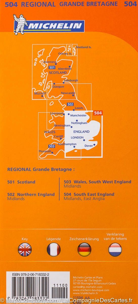 Carte routière n° 504 - Angleterre Sud-Est, Midlands & EastBirmingham, Manchester Anglia | Michelin carte pliée Michelin 