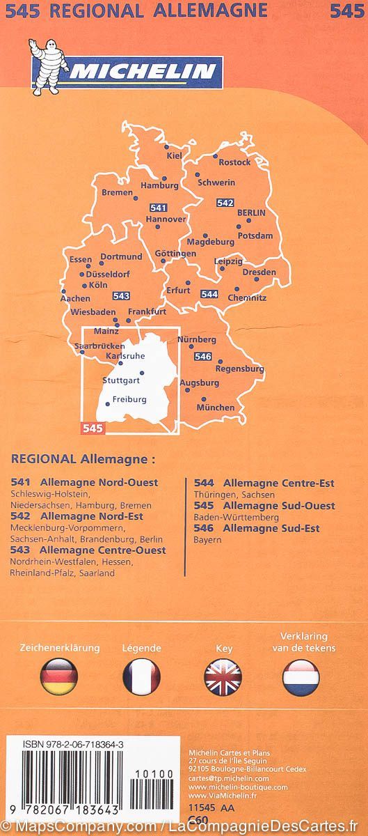 Carte routière n° 545 - Allemagne Sud-Ouest | Michelin carte pliée Michelin 