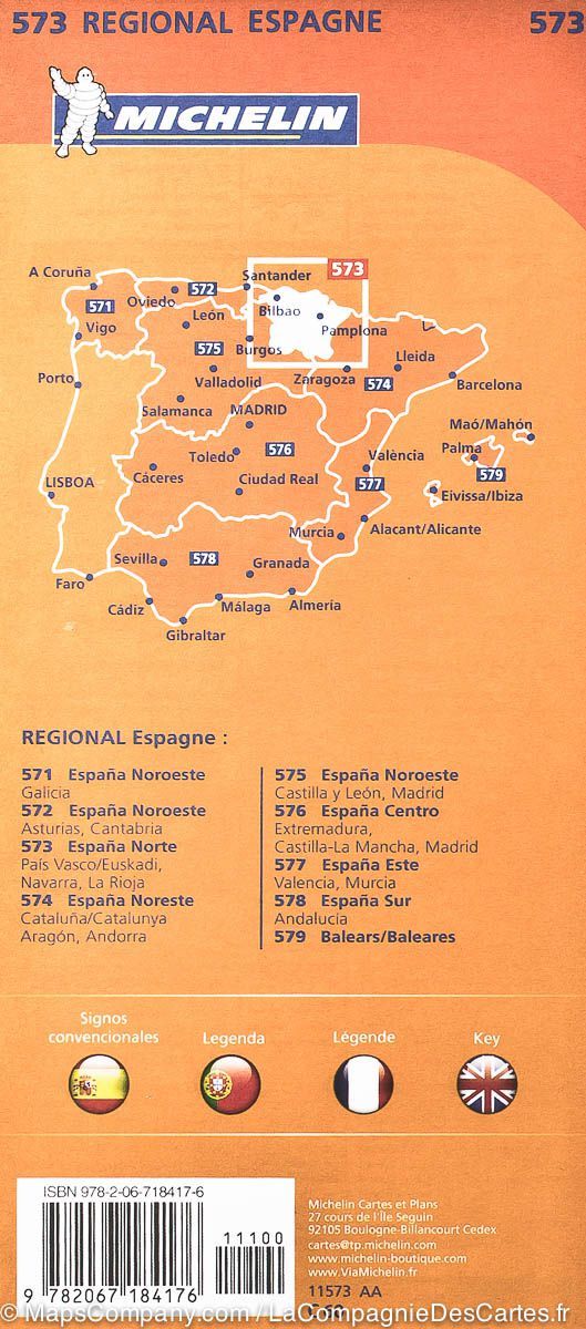 Carte routière n° 573 - Nord de l'Espagne (Pays Basque, Navarre, La Rioja) | Michelin carte pliée Michelin 