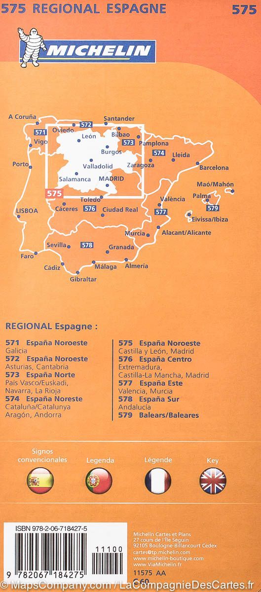 Carte routière n° 575 - Espagne nord-est (Castille-et-Leon & Région de Madrid) | Michelin carte routière Michelin