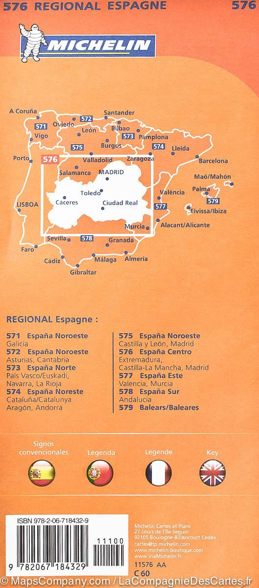Carte routière n° 576 - Espagne Centrale (Estrémadure, Castille-La-Manche, Madrid | Michelin carte routière Michelin