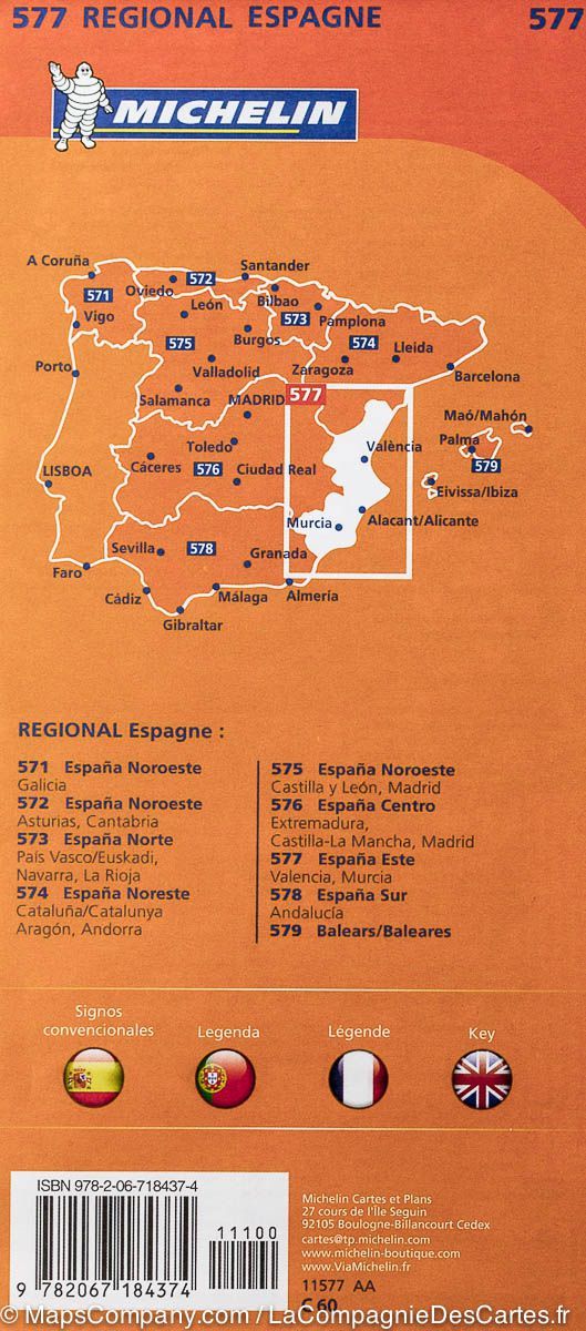 Carte routière n° 577 - Espagne Est (Région de Valence & Murcie) | Michelin carte routière Michelin