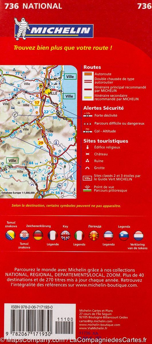 Carte routière n° 736 - Slovénie, Croatie, Bosnie-Herzégovine, Serbie, Monténégro, Macédoine | Michelin carte routière Michelin