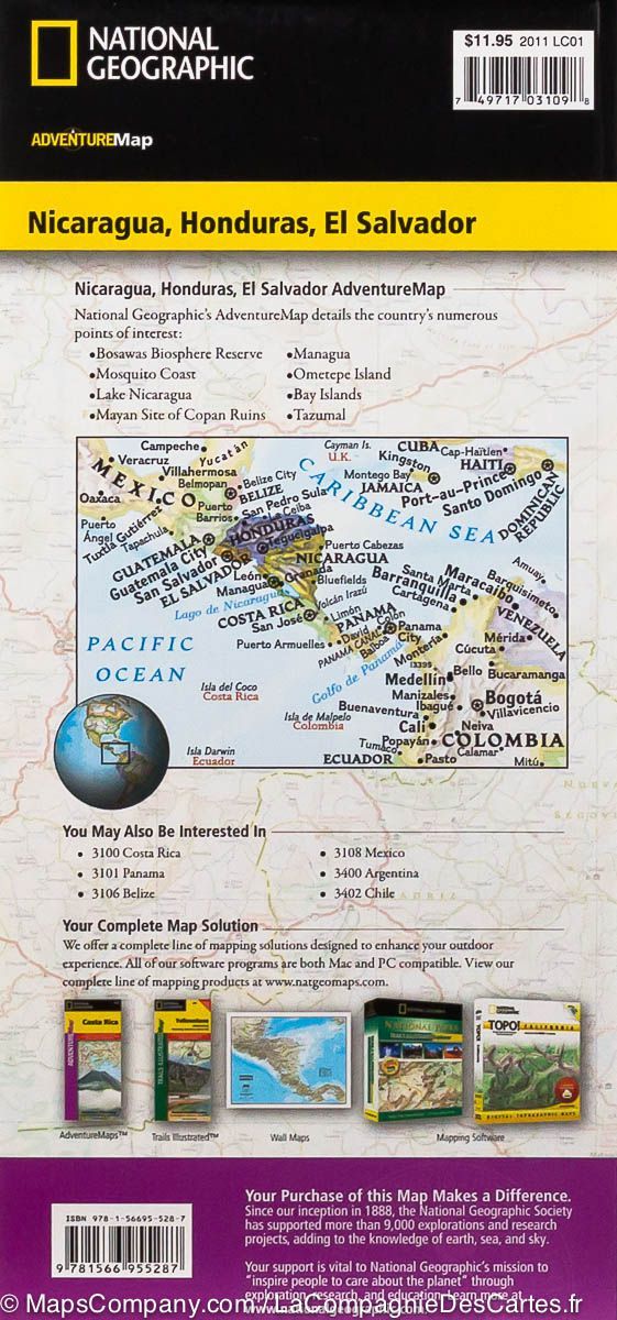 Carte routière - Nicaragua, Honduras & Salvador | National Geographic carte routière National Geographic