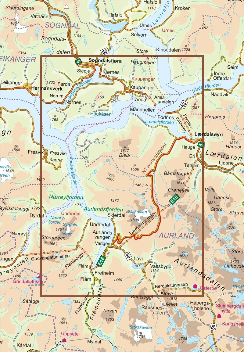 Carte routière touristique n° 05 - Aurlandsfjellet (Norvège) | Nordeca carte routière Nordeca