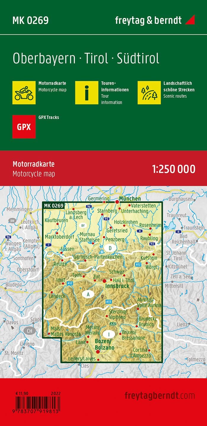 Carte spéciale moto - Haute-Bavière, Tyrol, Sud-Tyrol | Freytag & Berndt carte routière Freytag & Berndt