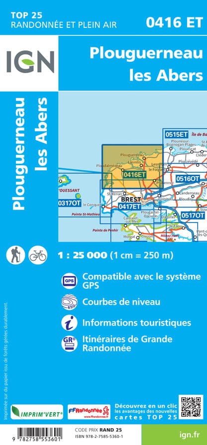 Carte TOP 25 n° 0416 ET - Plouguerneau, Les Abers | IGN carte pliée IGN 
