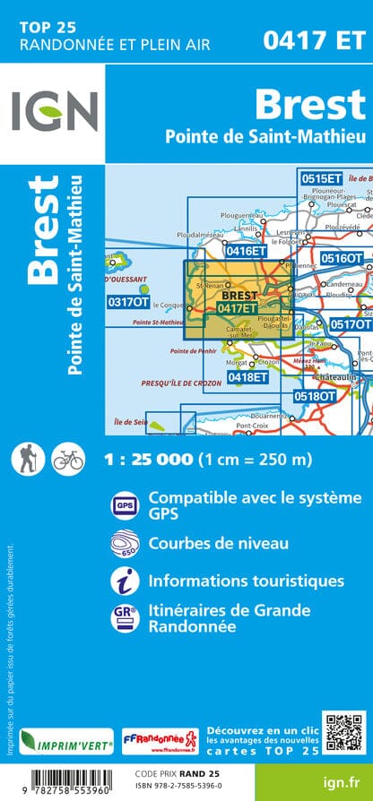 Carte TOP 25 n° 0417 ET - Brest & Pointe de Saint Mathieu | IGN carte de randonnée IGN